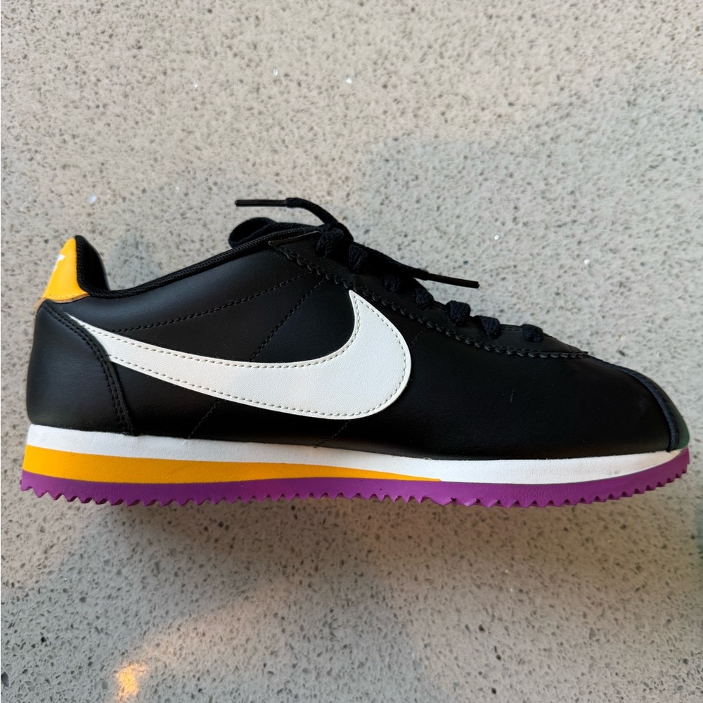 NWOT Nike Cortez Black with White, Purple, and Yellow Accents